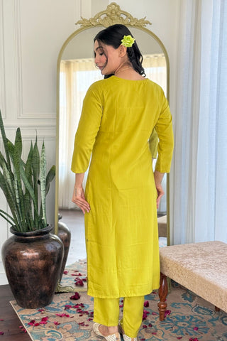Yellow Viscose Slub Embroidery Kurta Set