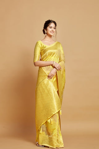 Yellow Linen Jamdani Banarasi Saree