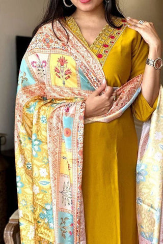 Yellow Viscose Chanderi With Embroidered Kurta Set_Kumari Sarees