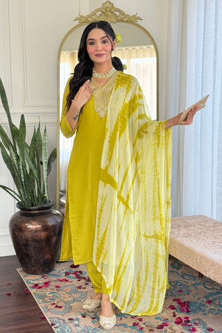 Yellow Viscose Slub Embroidery Kurta Set_Kumari Sarees