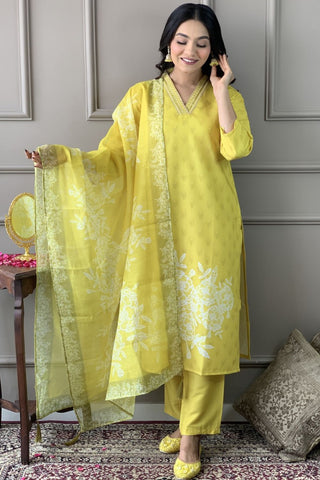 Yellow Viscose Reyon Cotton Embroidery Kurta Set