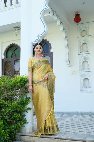 Yellow Organza Leheriya Woven Saree