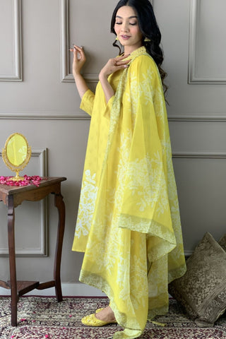 Yellow Viscose Reyon Cotton Embroidery Kurta Set