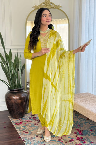 Yellow Viscose Slub Embroidery Kurta Set_Kumari Sarees