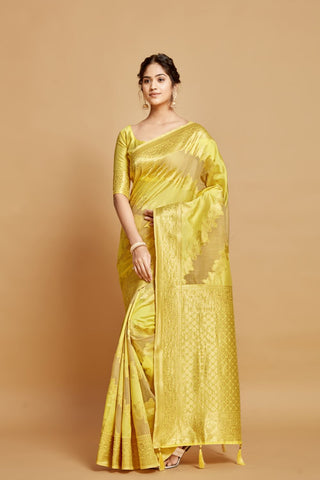 Yellow Linen Jamdani Banarasi Saree