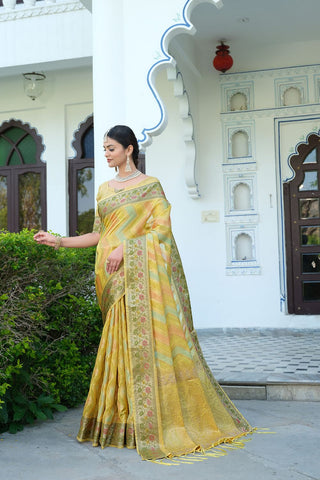 Yellow Organza Leheriya Woven Saree