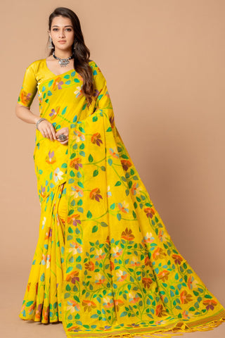 Yellow Soft Cotton Jamdani Saree