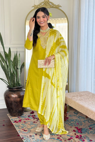 Yellow Viscose Slub Embroidery Kurta Set_Kumari Sarees