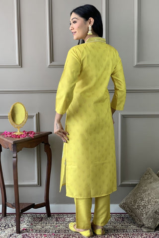 Yellow Viscose Reyon Cotton Embroidery Kurta Set