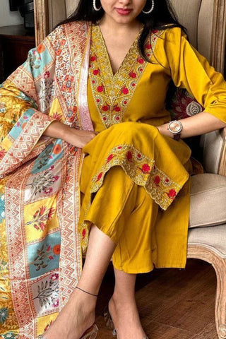 Yellow Viscose Chanderi With Embroidered Kurta Set_Kumari Sarees