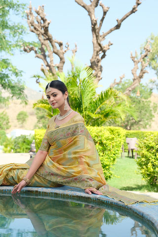 Yellow Organza Leheriya Woven Saree