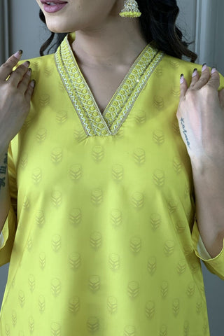Yellow Viscose Reyon Cotton Embroidery Kurta Set