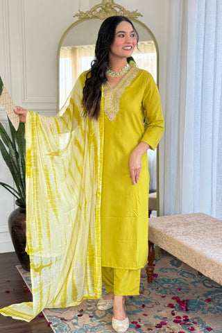 Yellow Viscose Slub Embroidery Kurta Set_Kumari Sarees