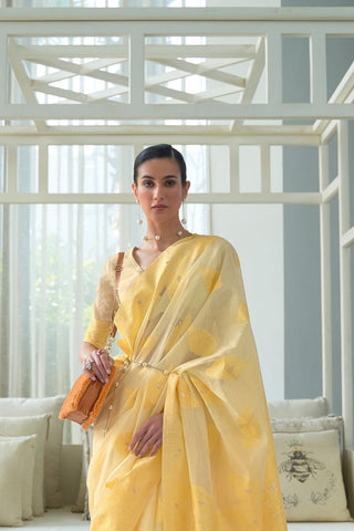 Yellow Chickankari Lucknowi Waving Saree