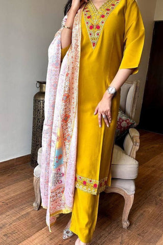 Yellow Viscose Chanderi With Embroidered Kurta Set_Kumari Sarees