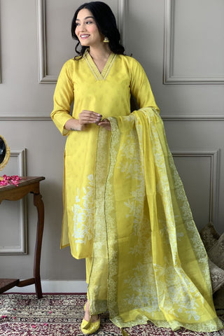 Yellow Viscose Reyon Cotton Embroidery Kurta Set