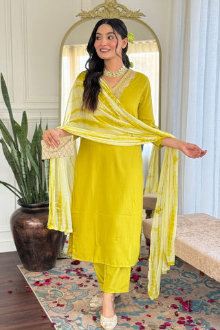 Yellow Viscose Slub Embroidery Kurta Set_Kumari Sarees