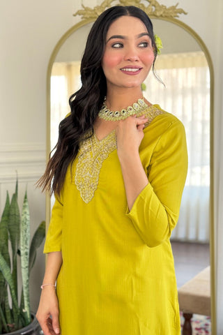 Yellow Viscose Slub Embroidery Kurta Set_Kumari Sarees