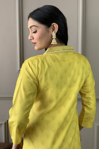 Yellow Viscose Reyon Cotton Embroidery Kurta Set