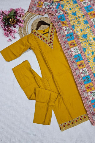 Yellow Viscose Chanderi With Embroidered Kurta Set_Kumari Sarees