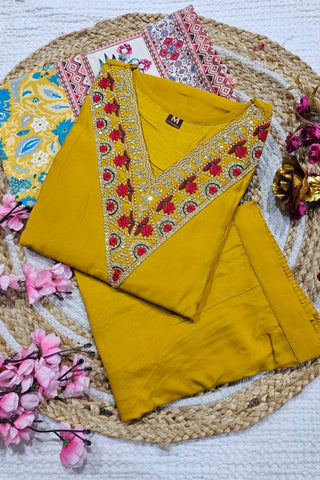 Yellow Viscose Chanderi With Embroidered Kurta Set_Kumari Sarees