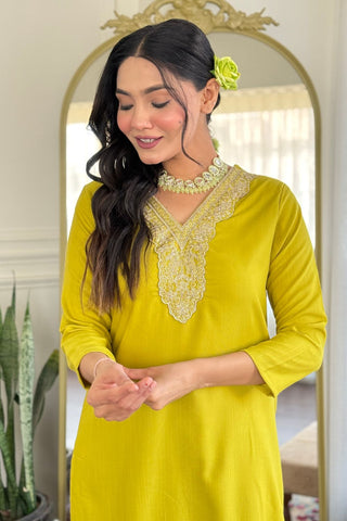 Yellow Viscose Slub Embroidery Kurta Set_Kumari Sarees