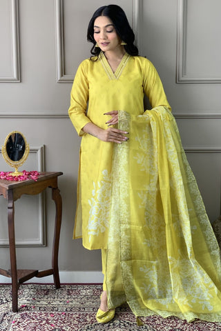 Yellow Viscose Reyon Cotton Embroidery Kurta Set