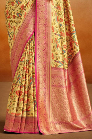 Yellow Tusser Silk Kalamkari With Banarasi Border Saree