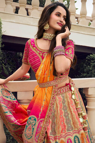 Yellow and Pink Banarasi Silk Festive Lehenga with Zarkan Work