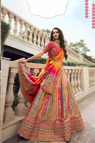 Yellow and Pink Banarasi Silk Festive Lehenga with Zarkan Work