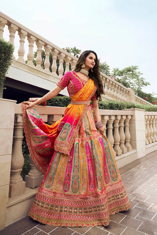 Yellow and Pink Banarasi Silk Festive Lehenga with Zarkan Work