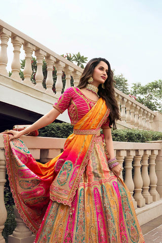 Yellow and Pink Banarasi Silk Festive Lehenga with Zarkan Work