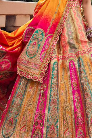 Yellow and Pink Banarasi Silk Festive Lehenga with Zarkan Work