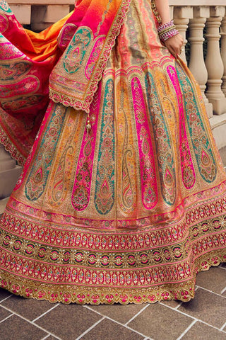 Yellow and Pink Banarasi Silk Festive Lehenga with Zarkan Work