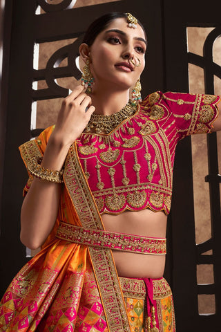 Yellow & Red Banarasi Silk Lehenga