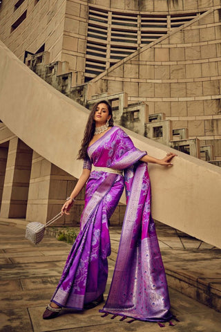 Purple Satin Brasso Handwoven Silk Saree_Kumari Sarees