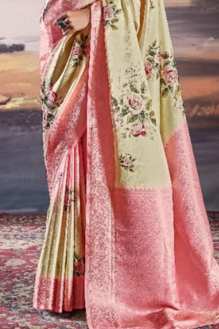 Yellow & Pink Pure Satin Saree_Kumari Sarees