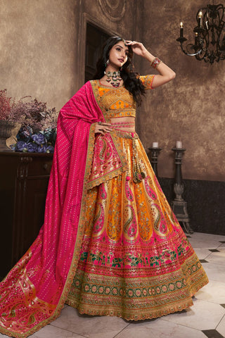 Yellow & Red Silk Lehenga With Sequence Zarkan Work