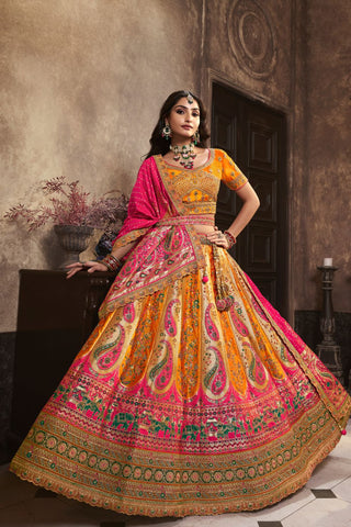 Yellow & Red Silk Lehenga With Sequence Zarkan Work