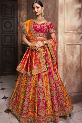 Yellow & Red Banarasi Silk Lehenga