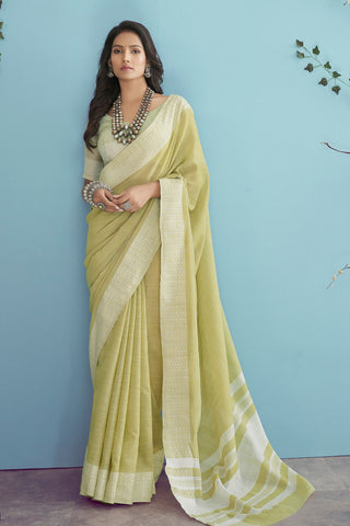 Yellow Soft Linen silk with Chikhankhari Weaved Border