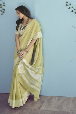 Yellow Soft Linen silk with Chikhankhari Weaved Border