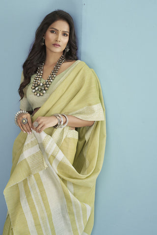 Yellow Soft Linen silk with Chikhankhari Weaved Border