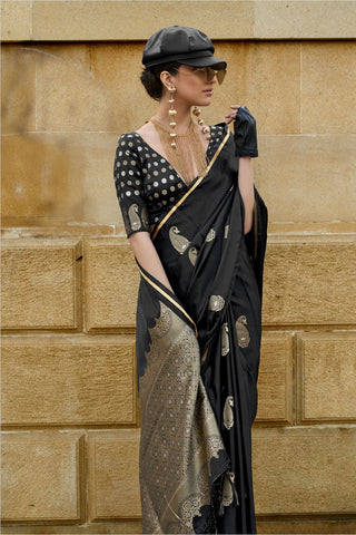 Black Pure Satin Handloom Weaving Silk Saree