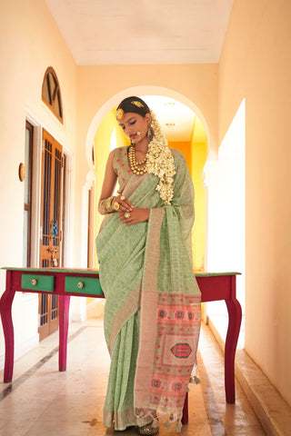 Light Green Handloom Tussar Silk Saree_Kumari Sarees