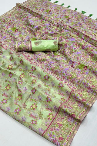 Olive Green Organza Parsi Handloom Weaving Silk Saree_Kumari Sarees