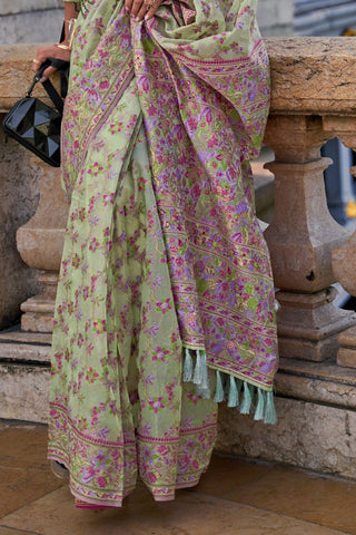 Olive Green Organza Parsi Handloom Weaving Silk Saree_Kumari Sarees