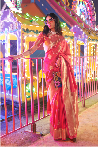 Orange Silk Handloom Weaving Saree.