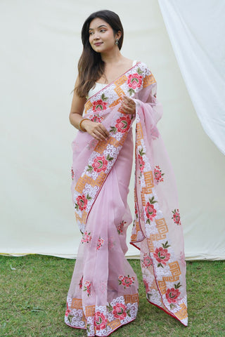 PINK ORGANZA SILK SAREE