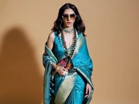 Teal Blue Satin Handloom Woven Saree_Kumari Sarees